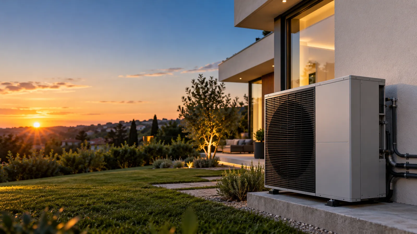 Bomba de calor de aerotermia instalada en la fachada de una vivienda unifamiliar al atardecer.