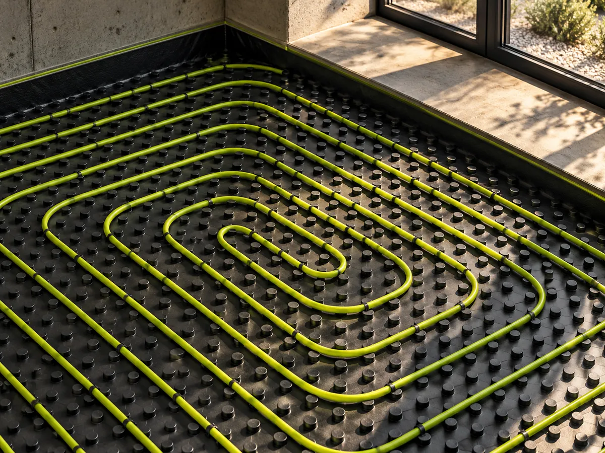 Tubos de suelo radiante instalados en espiral antes de verter el pavimento.